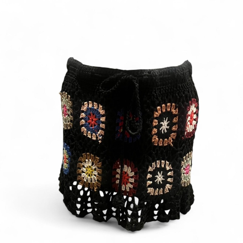 Black crochet mini skirt with colorful floral pattern' boho Hippie